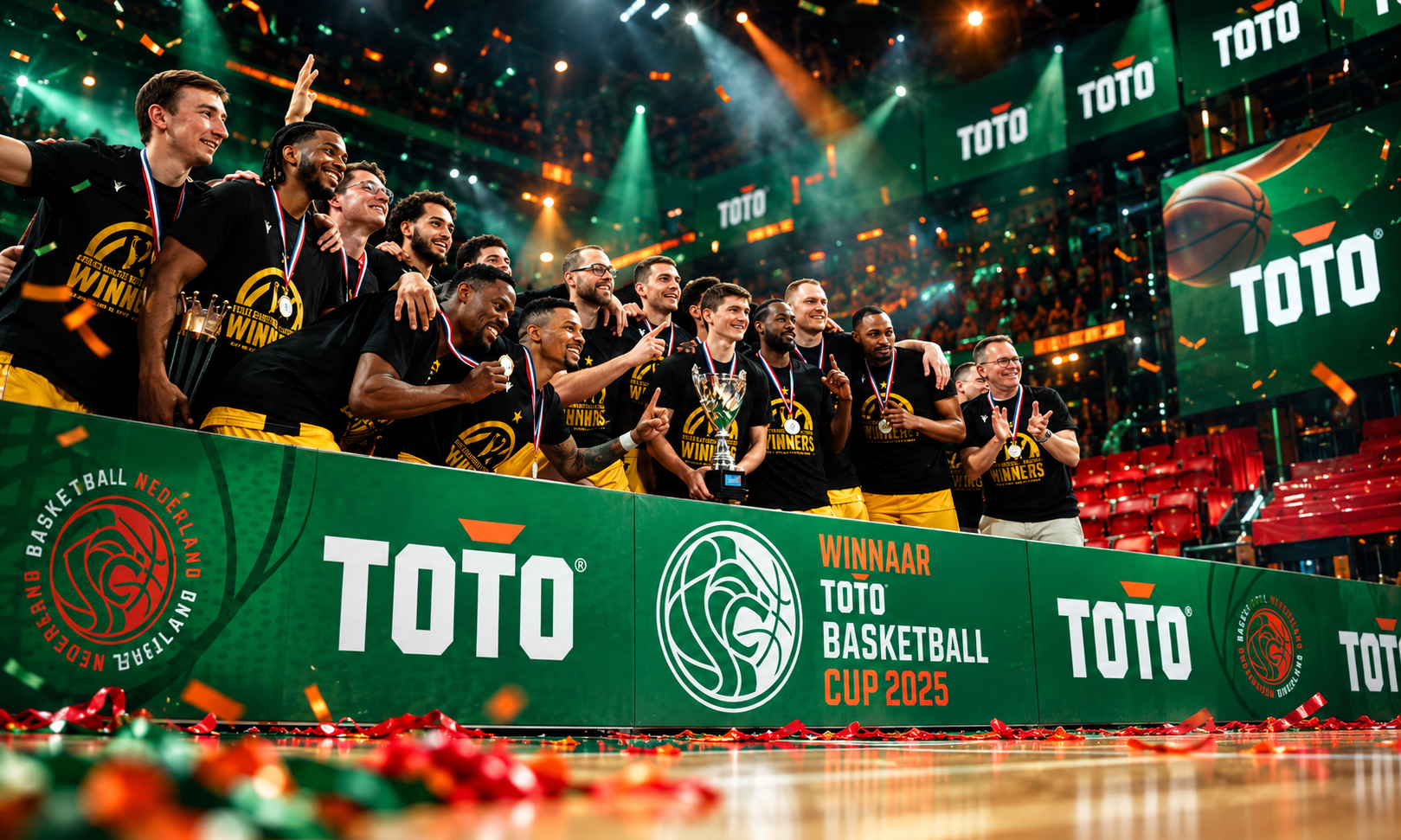 Basketbalwinnaars vieren feest met trofee